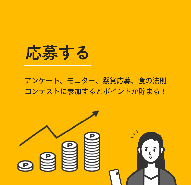 応募する アンケート、モニター、懸賞応募、食の法則コンテストに参加するとポイントが貯まる